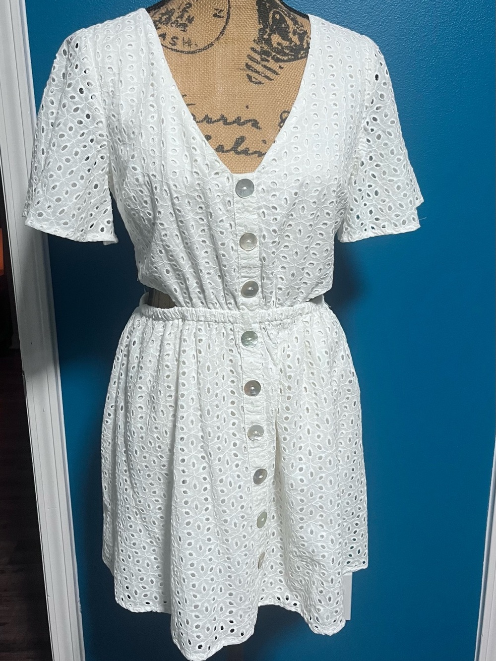 Blue Blush White Eyelet Button-Front Short Dress